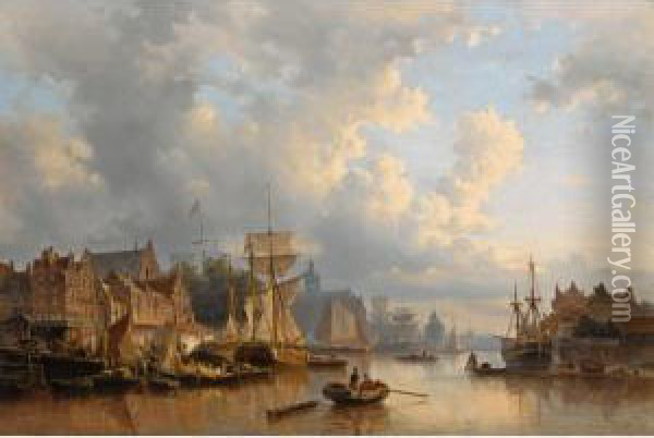 Ships On The River Ij, Amsterdam Oil Painting - Everhardus Koster