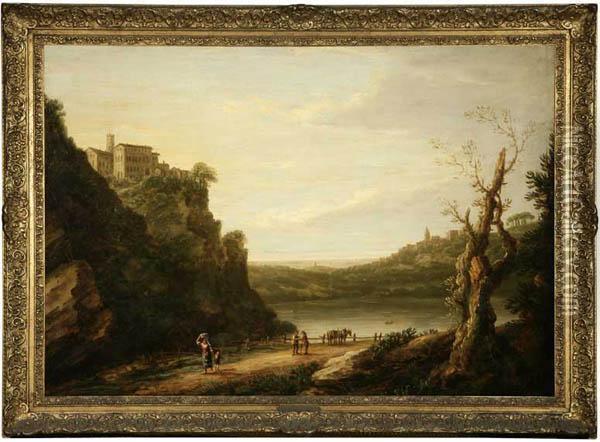 Figures In An Italianate Landscape With A Distant Hillside Village Oil Painting - Richard Wilson
