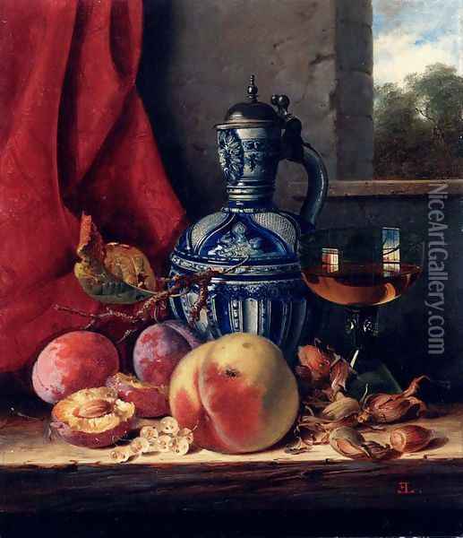 Still Life with Peaches, Whitecurrants, Hazelnuts, a Glass and a Stoneware Jug on a wooden Ledge with a Landscape beyond Oil Painting - Edward Ladell