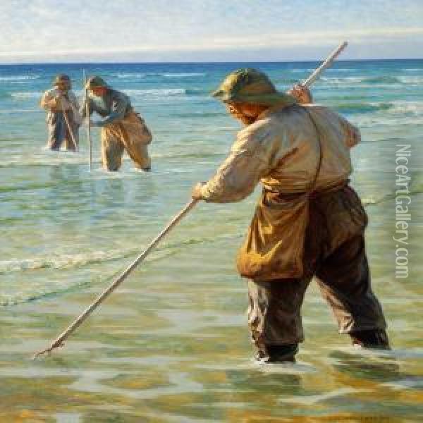 Fishermen Catching Flatfish Oil Painting - Niels Frederik Schiottz-Jensen