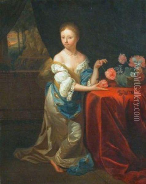 Woman With Flowers By A Window Oil Painting - Godfried Schalcken