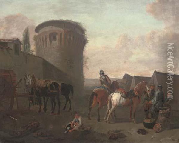Horsemen At Halt Before A Tower Oil Painting - Pieter van Bloemen