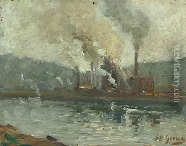 Factories Along the River two works Oil Painting - Aaron Harry Gorson
