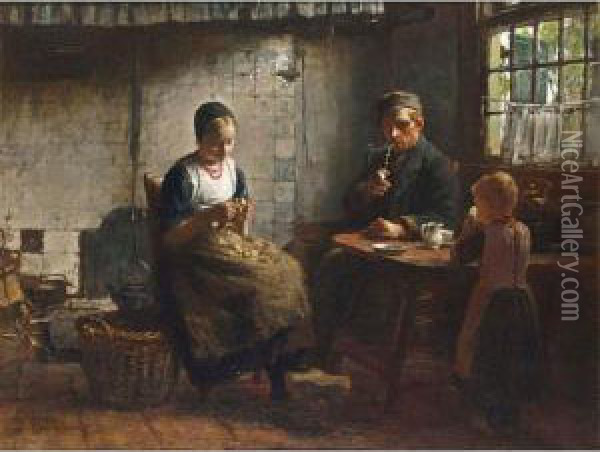 A Peasant Family In A Kitchen Interior Oil Painting - Hendrik Valkenburg
