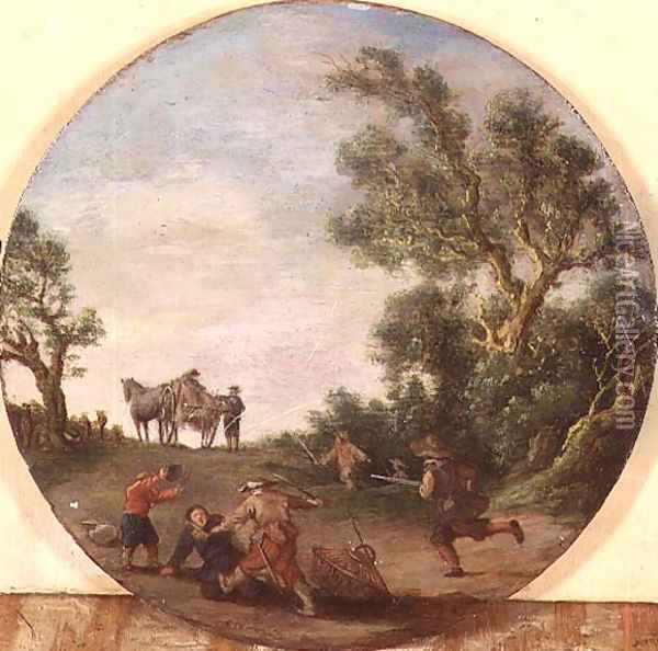 Brigands attacking a traveller on a track by a wood Oil Painting - Esaias II van de Velde