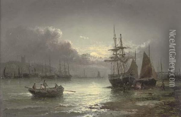 Whitby By Moonlight Oil Painting - William A. Thornley Or Thornber