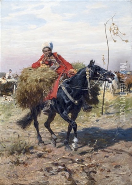 Kozak Te Paard Oil Painting - Jozef Brandt