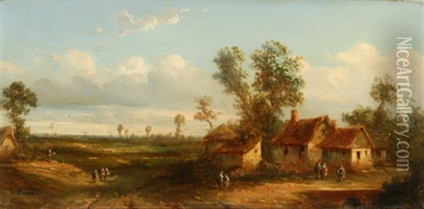 Landschaft Mit Bauernhausern Und Figurenstaffage Oil Painting - Leon Victor Dupre