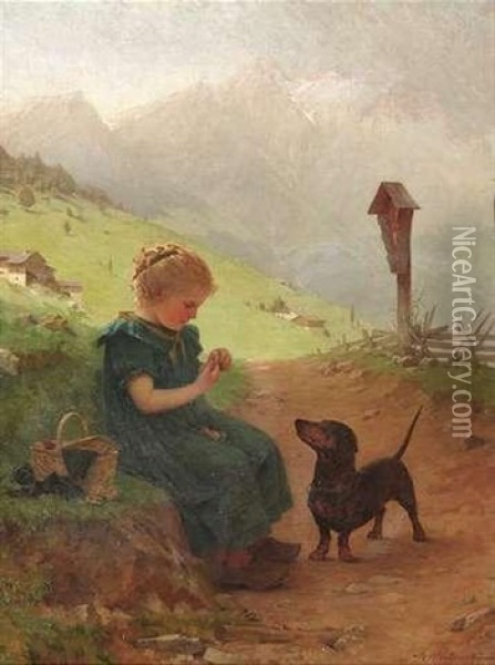 Ein Kleines Madchen Sitzt, Begleitet Von Ihrem Hund, Am Wegesrand Oil Painting - Theodor Kleehaas