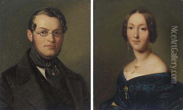 Portrait Of A Gentleman, Bust-length, In A Black Coat And Glasses (+ Portrait Of A Lady, Bust-length, In A Black Dress And Gold Jewelry; Pair) Oil Painting - Gaston Lenthe