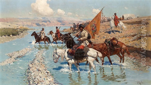 Landskap Med Kosacker Ridandes Over A Oil Painting - Franz Roubaud