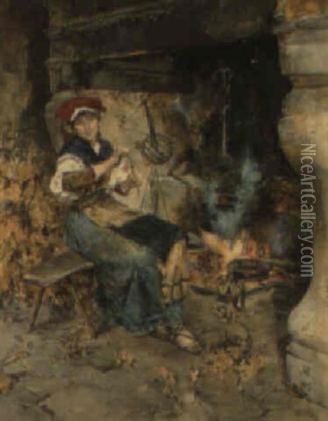 By The Hearth Oil Painting - Domenico Pennachini