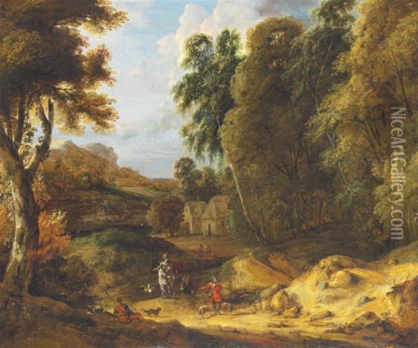 A Hunting Party In A Wooded Landscape Oil Painting - Adriaen Frans Boudewijns