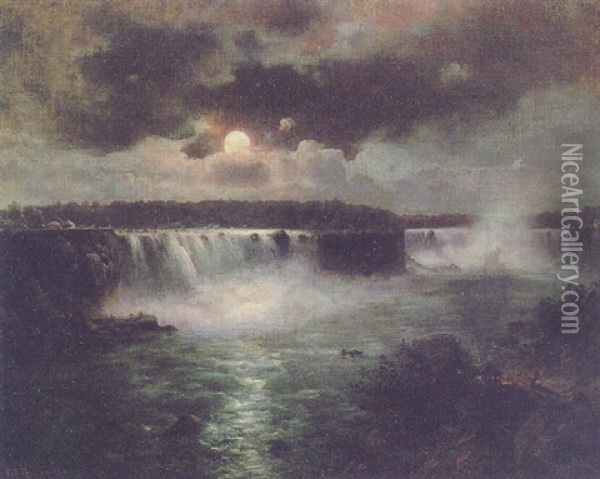 Die Niagara Falle Bei Mondlicht Oil Painting - Johann Jacob Reinhardt