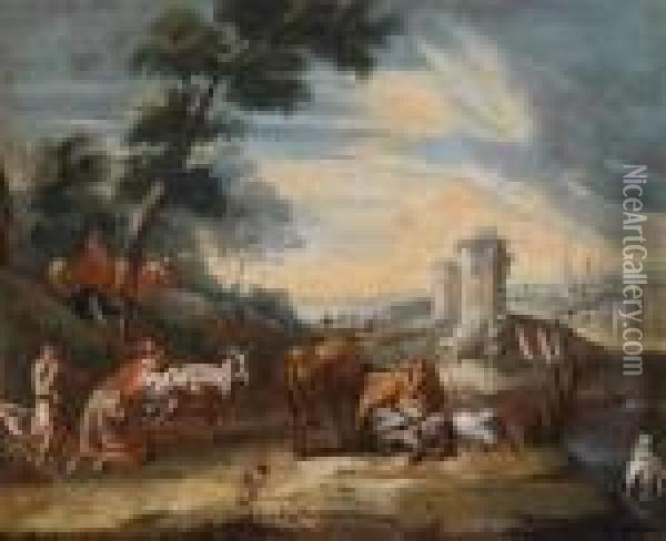A Southern Landscape With Shepherds Andtheir Flock Oil Painting - Johan Heinrich Roos