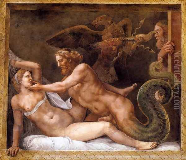 Jupiter Seducing Olympias Oil Painting - Giulio Romano (Orbetto)
