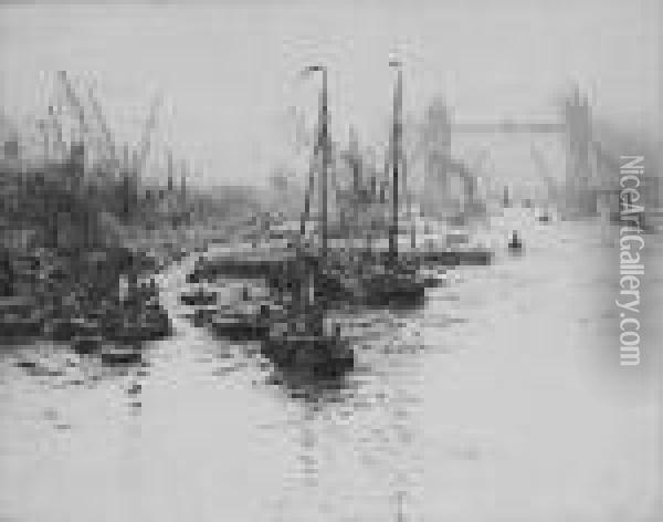 Boats On The Thames At Tower Bridge Oil Painting - William Lionel Wyllie