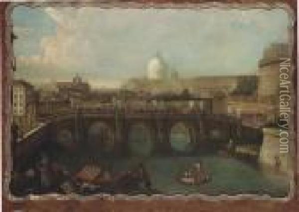 The Tiber, Rome, Looking Downstream With The Castel And Pontesant'angelo Oil Painting - Antonio Joli