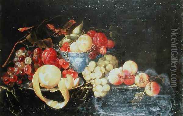 Still Life with Fruit in Delft Bowl Including a Peeled Orange Oil Painting - Cornelis De Heem