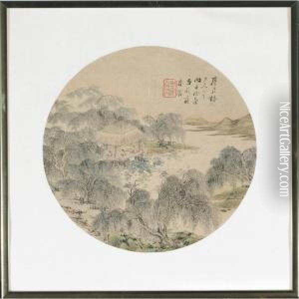 Scholar And Mountain Fan Painting Oil Painting - Zho Xiangdan