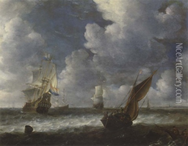 A Dutch Kaag Close Hauled In A Stiff Breeze With Men-o-war Beyond Oil Painting - Abraham van Beyeren