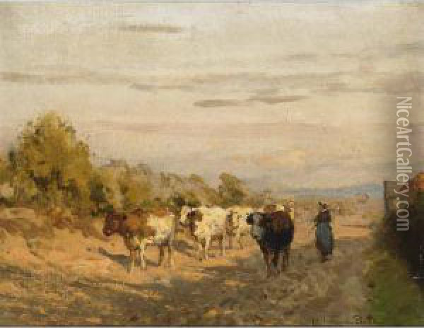 A Cowherdess With Her Cattle On A Country Road, Rolde Oil Painting - Julius Jacobus Van De Sande Bakhuyzen