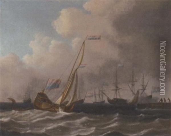 A Dutch Admiralty Yacht Runnign Into Port With A Warship Saluting Off A Bay Oil Painting - Aernout (Johann Arnold) Smit