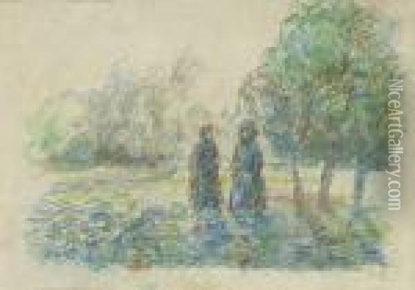 Deux Paysannes Dans Un Champs Des Choux Oil Painting - Camille Pissarro