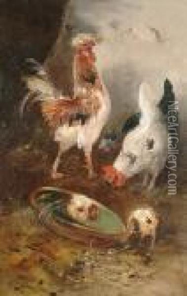 Cockerels And Chicks Oil Painting - Henry Schouten