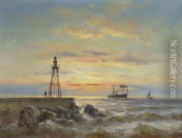 The Pier Of Ijmuiden At Sunset Oil Painting - Johannes Hermann Barend Koekkoek