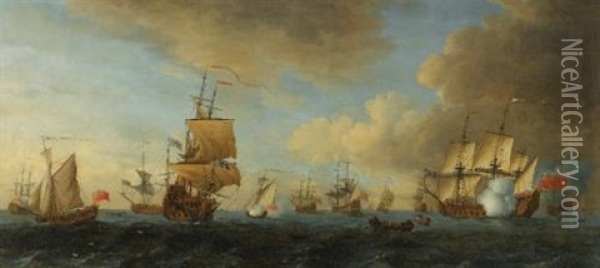 An English Frigate Under Sail Firing A Gun, With Shipping At Anchor And Under Sail Oil Painting - John Cleveley