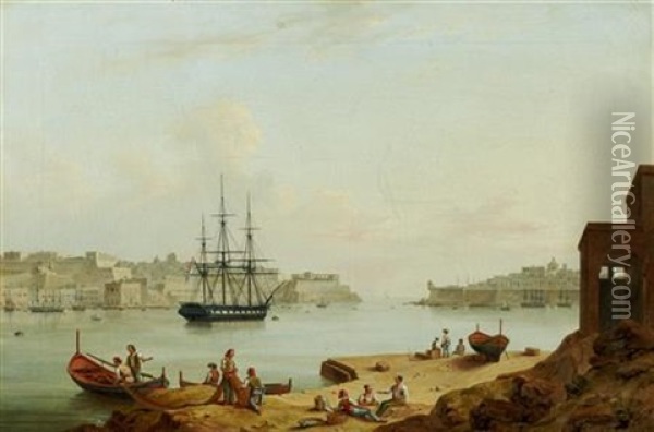 A British Frigate At Anchor In Valletta Harbour Oil Painting - Giovanni Jean Schranz