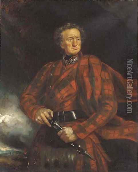 Portrait of a gentleman, three-quarter-length, in tartan, holding a skean dhu Oil Painting - Scottish School