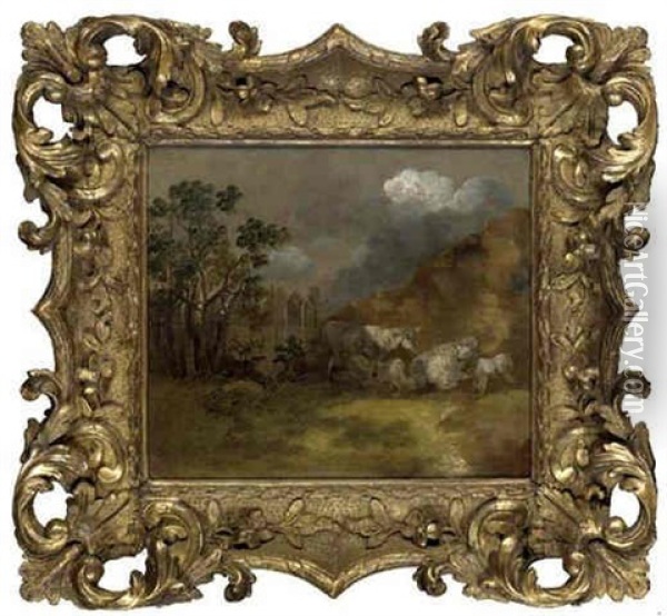 Sheep And Lambs By A Fence In A Landscape Oil Painting - Thomas Gainsborough