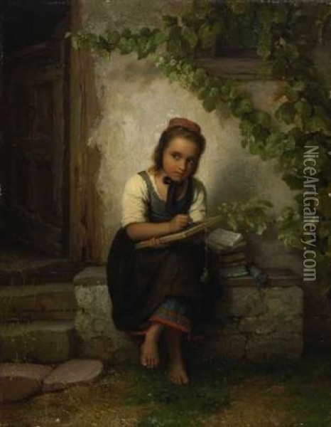 Schreibendes Madchen Mit Schiefertafel Oil Painting - Johann Georg Meyer von Bremen