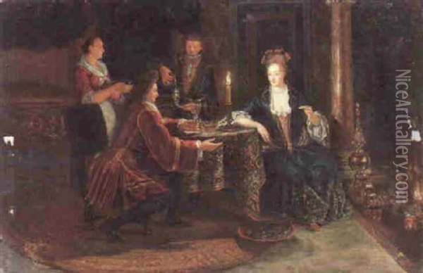 An Interior With A Couple Dining By Candlelight At A Table Before A Fire, Their Servants Beyond Oil Painting - Matthys Naiveu