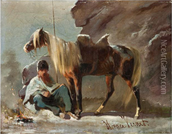 Kosak Neben Seinem Gesatteltem Pferd Sitzend Oil Painting - Horace Vernet