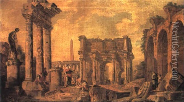 Capriccio Of The Columns Of The Temple Of The Dioscura Oil Painting - Giovanni Paolo Panini