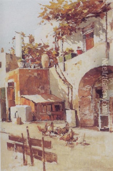 Courtyard Feeding Oil Painting - Colin Campbell Cooper