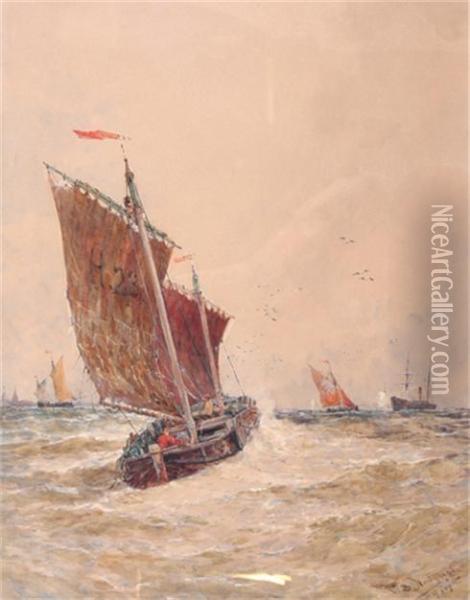 Barque Hove To For Pilot: Dutch Harbour With Windmill Oil Painting - Thomas Bush Hardy