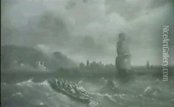 Brigg Und Ruderboot Vor Stadsilhouette Oil Painting - Charles Euphrasie Kuwasseg