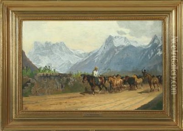 Horses At A Bridge Oil Painting - Adolf Heinrich Mackeprang