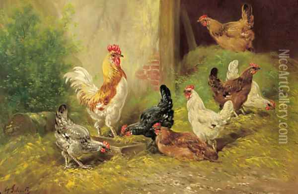 A cockerel and chickens in a farmyard Oil Painting - Henri Schouten