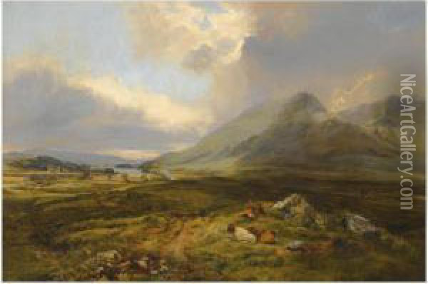 Figures And Cattle Resting Beside Loch Awe Oil Painting - Alexander Jnr. Fraser