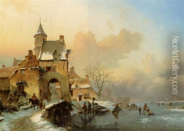 Figures Crossing A Bridge In A Frozen Landscape Oil Painting - Frederik Marinus Kruseman