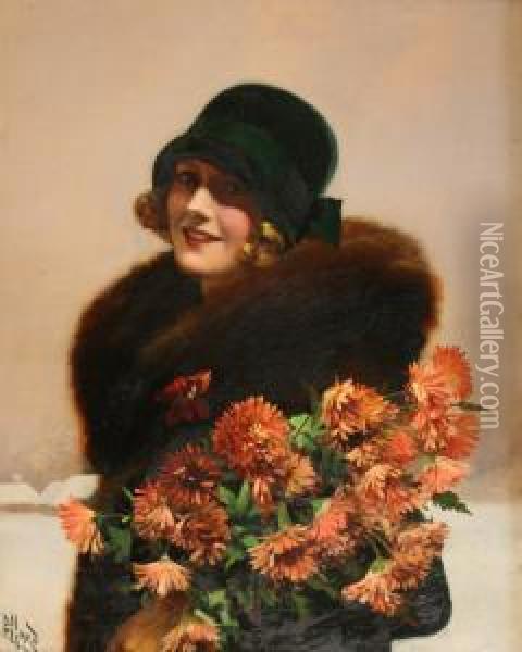 Halflength Portrait Of A Young 
Lady Wearing A Green Hat And Fur Coatwhilst Holding Chrysanthemums Oil Painting - Harold Piffard