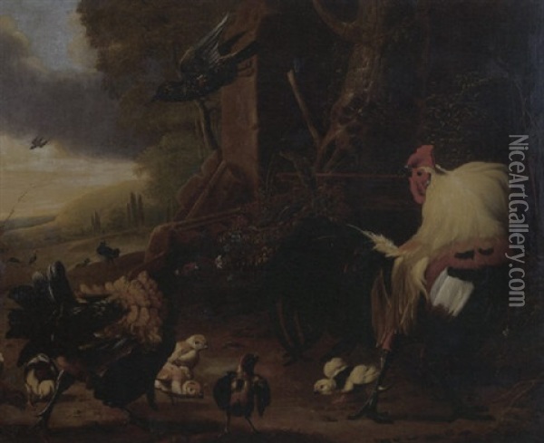Cockerel, Hen And Chicks Amongst Building Ruins, Alarmed By Blackbird, A Coastal Landscape Beyond Oil Painting - Melchior de Hondecoeter