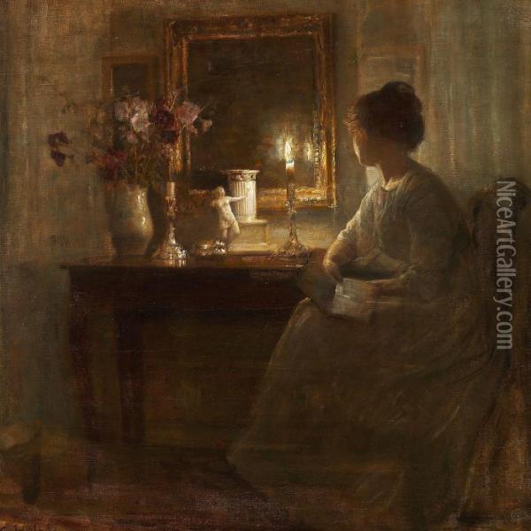 Interior With A Woman Sitting In The Candlelight In Front Of A Mirror Oil Painting - Carl Vilhelm Holsoe