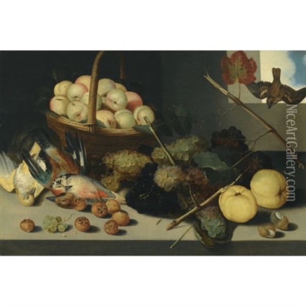 A Still Life With A Basket Of Peaches, Grapes, Snail Shells, Medlers And Dead Game, All Arranged Beneath An Open Window Oil Painting - Pieter Binoit