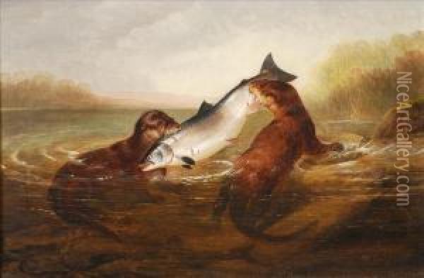 Otterstaking A Salmon Oil Painting - Henry Leonidas Rolfe